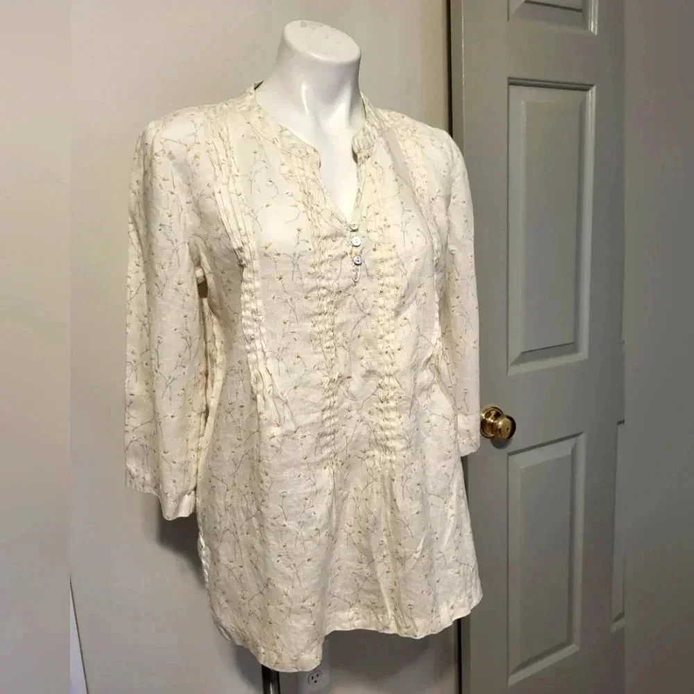 Cynthia Rowley Floral Boho Lightweight Slightly Sheer Linen Tunic Top(S)